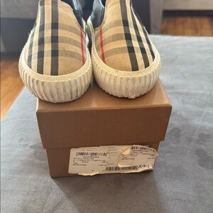 Burberry Beige and Black Checkered Slip-Ons